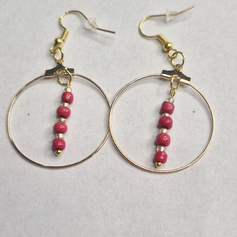 Gold Hoop Earrings Featuring Vibrant Red and Gold Beads
